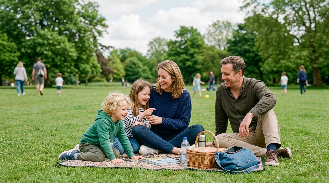 Family in a UK park on a weekend afternoon, with the parent fully present and not checking their phone