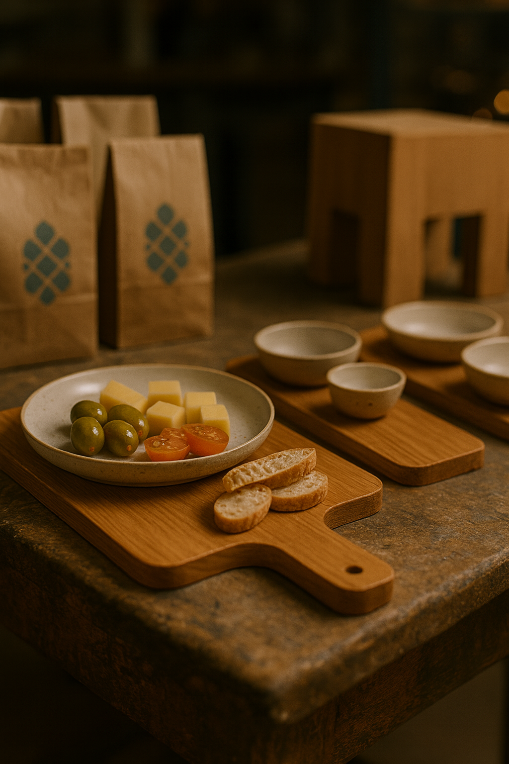 Holzbrett mit Käsewürfeln, Oliven, Brot und Keramikschalen auf einem Tisch.
