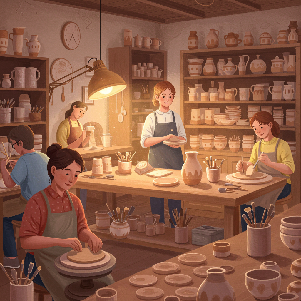 Menschen arbeiten in einer Töpferei an der Drehscheibe und bemalen Keramik.