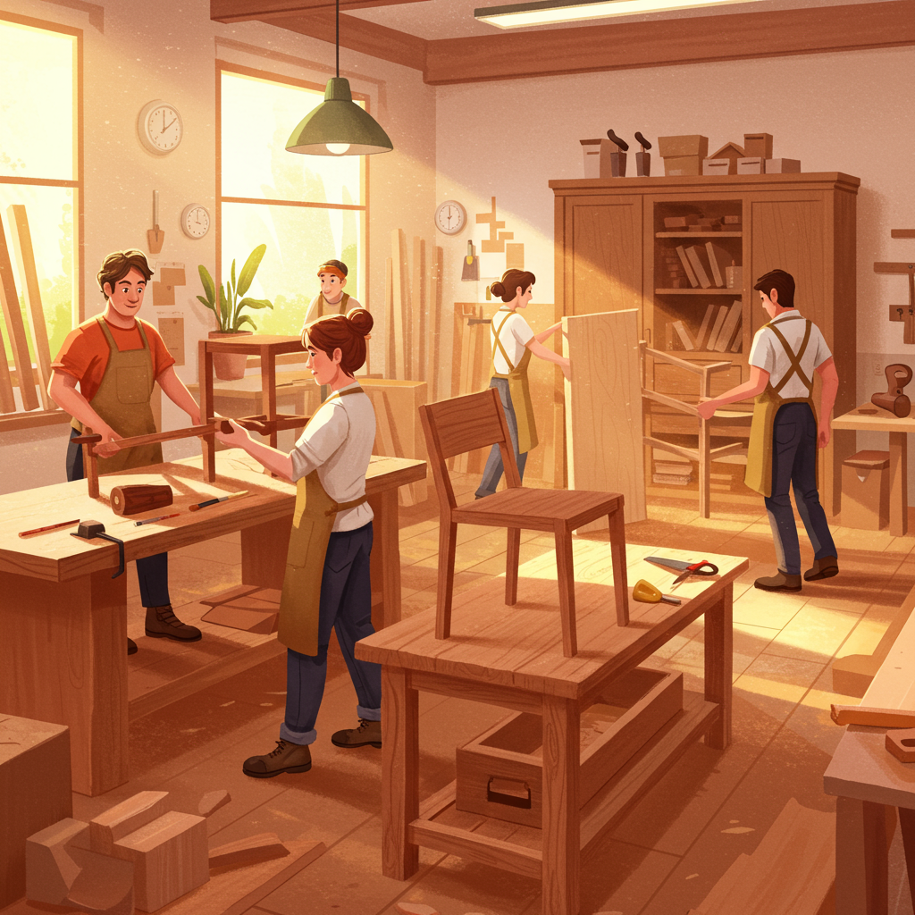 Menschen mit und ohne Behinderung arbeiten gemeinsam in einer Tischlerei.