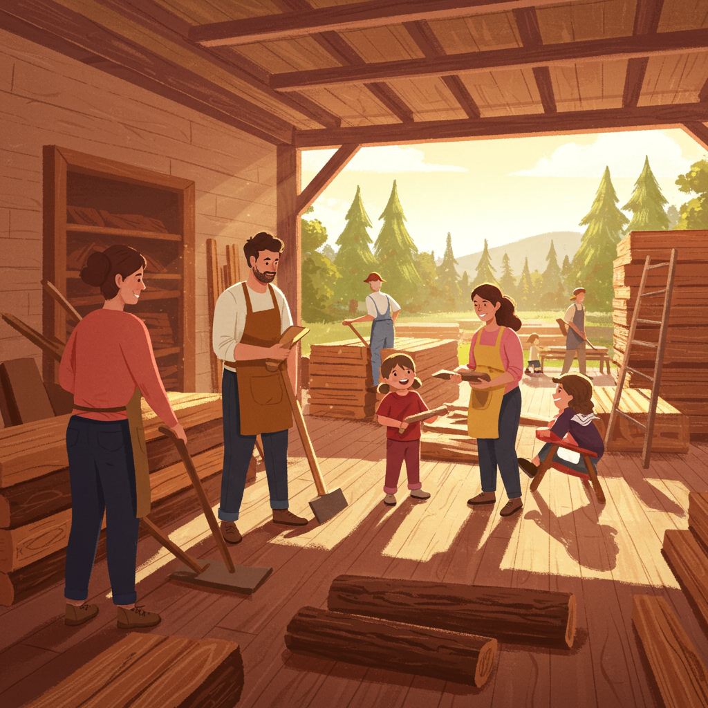 Menschen mit und ohne Behinderung arbeiten gemeinsam in einer Brennholzwerkstatt.