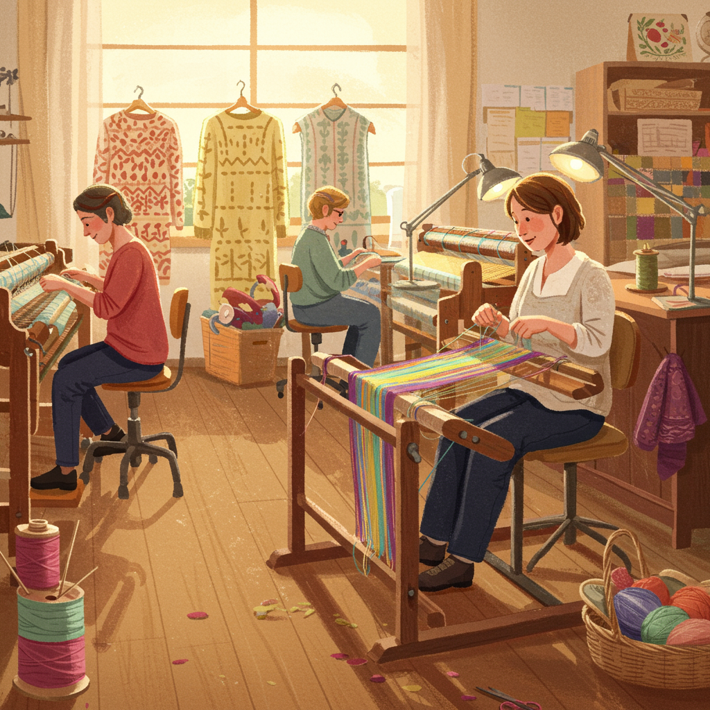 Menschen sitzen an Webstühlen und arbeiten mit bunten Stoffen und Garnen.