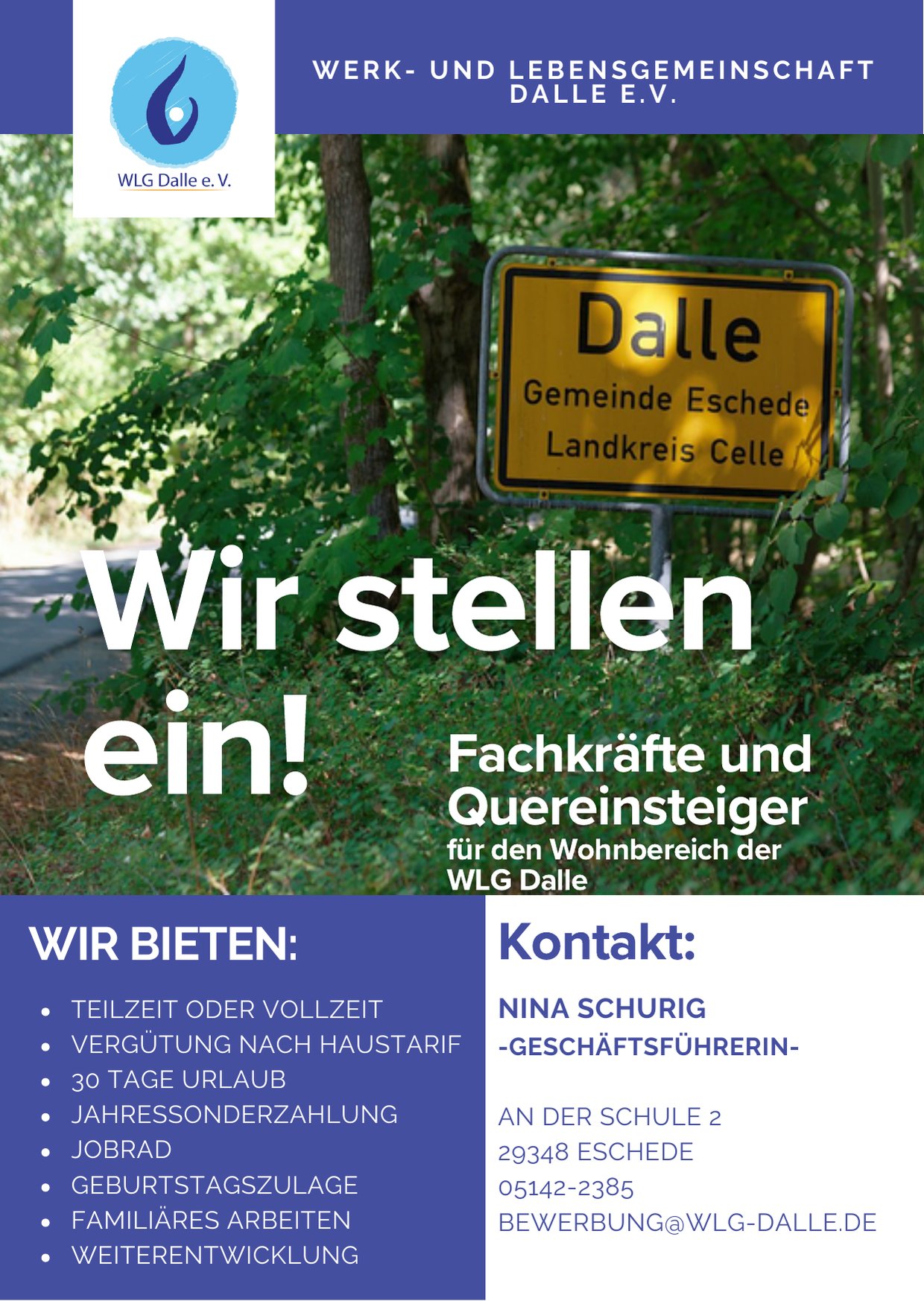 Flyer der WLG Dalle: Wir stellen ein! Fachkräfte und Quereinsteiger für den Wohnbereich der WLG Dalle. Die Angebote und Kontaktdaten des Flyers stehen zusätzlich als Text unter dem Bild.
