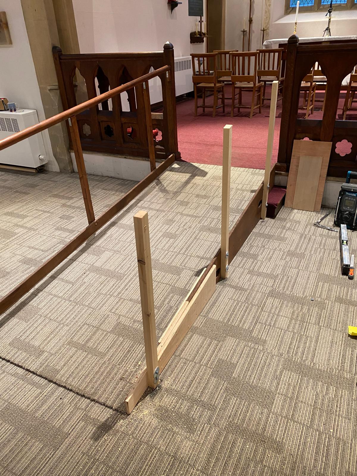 Handyman carpentry work in progress — new handrail frame being built inside St John's Church, Kingston, by Epsom-based handyman Jonathan Mills