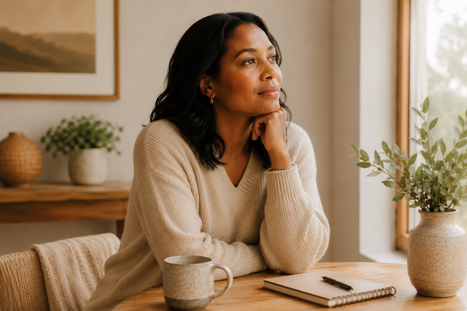 Woman pausing thoughtfully by a window with a ournal, reflecting before choosing her next step.