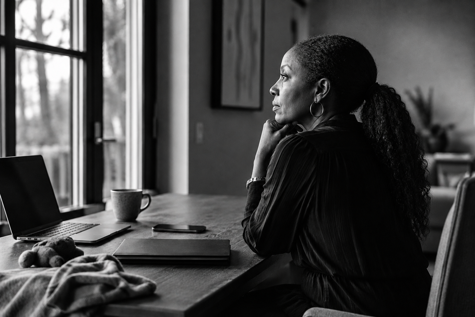 Woman sitting thoughtfully beside a laptop reflecting on being needed versus truly valued