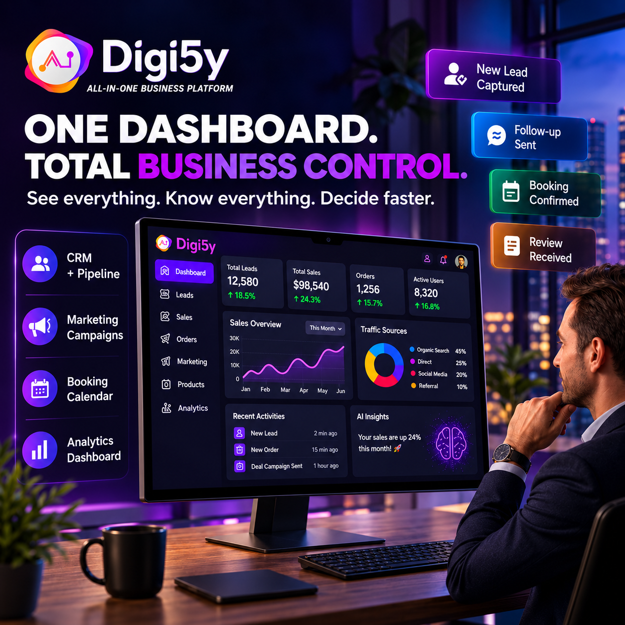DIGI5Y AI-CRM Enterprise dashboard with pipelines and marketing tools