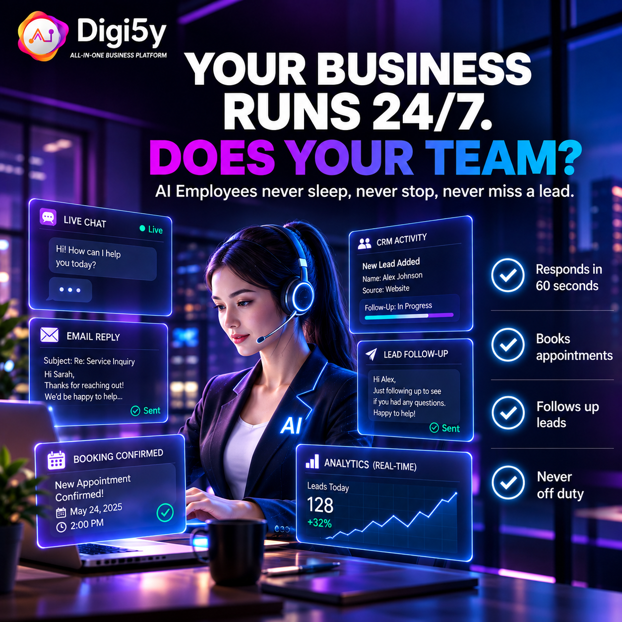 DIGI5Y AI Voice & Booking Agents handling calls and WhatsApp 24/7
