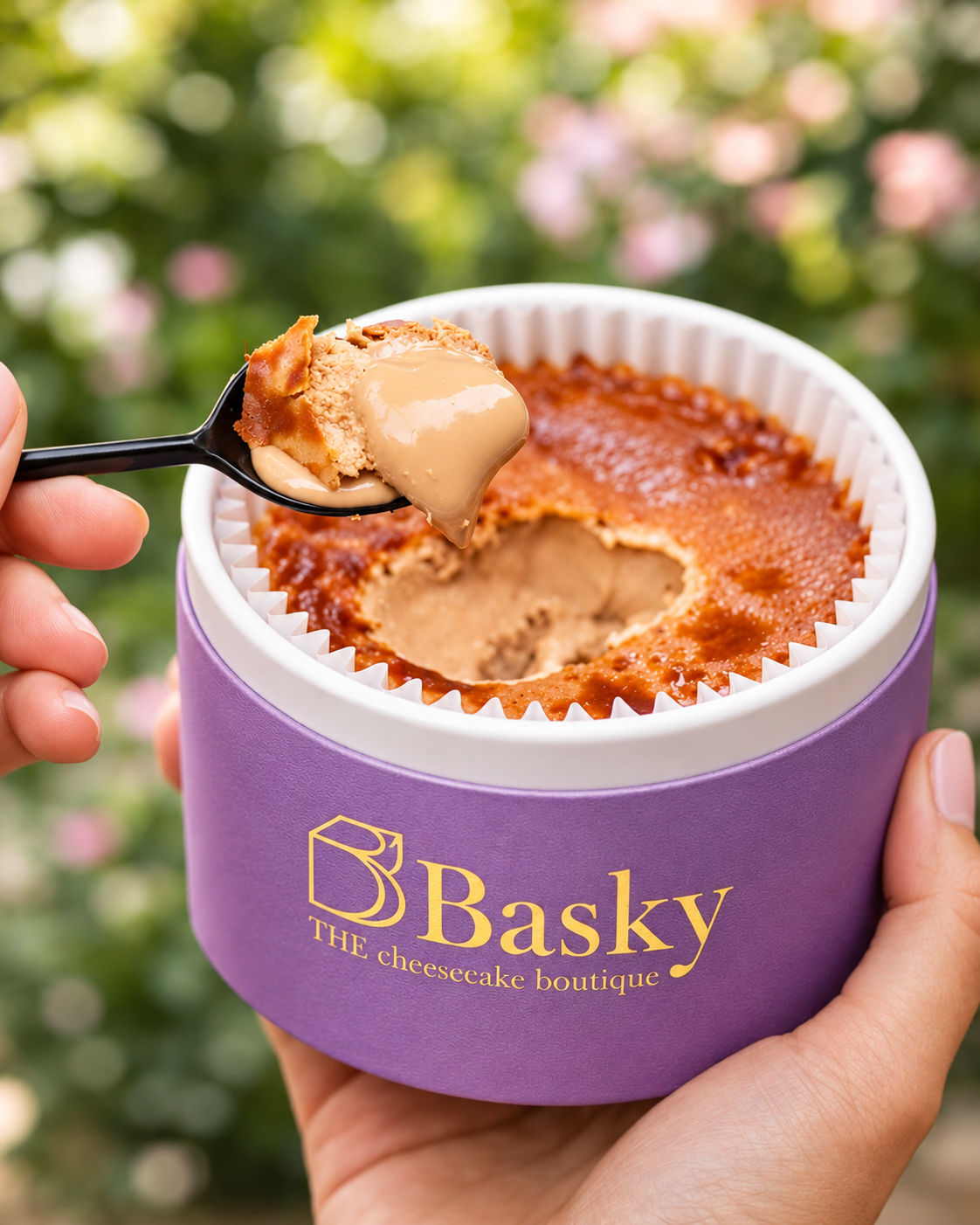 Basky cheesecake Tube in its lilac Basky packaging, spoon lifting out the creamy centre