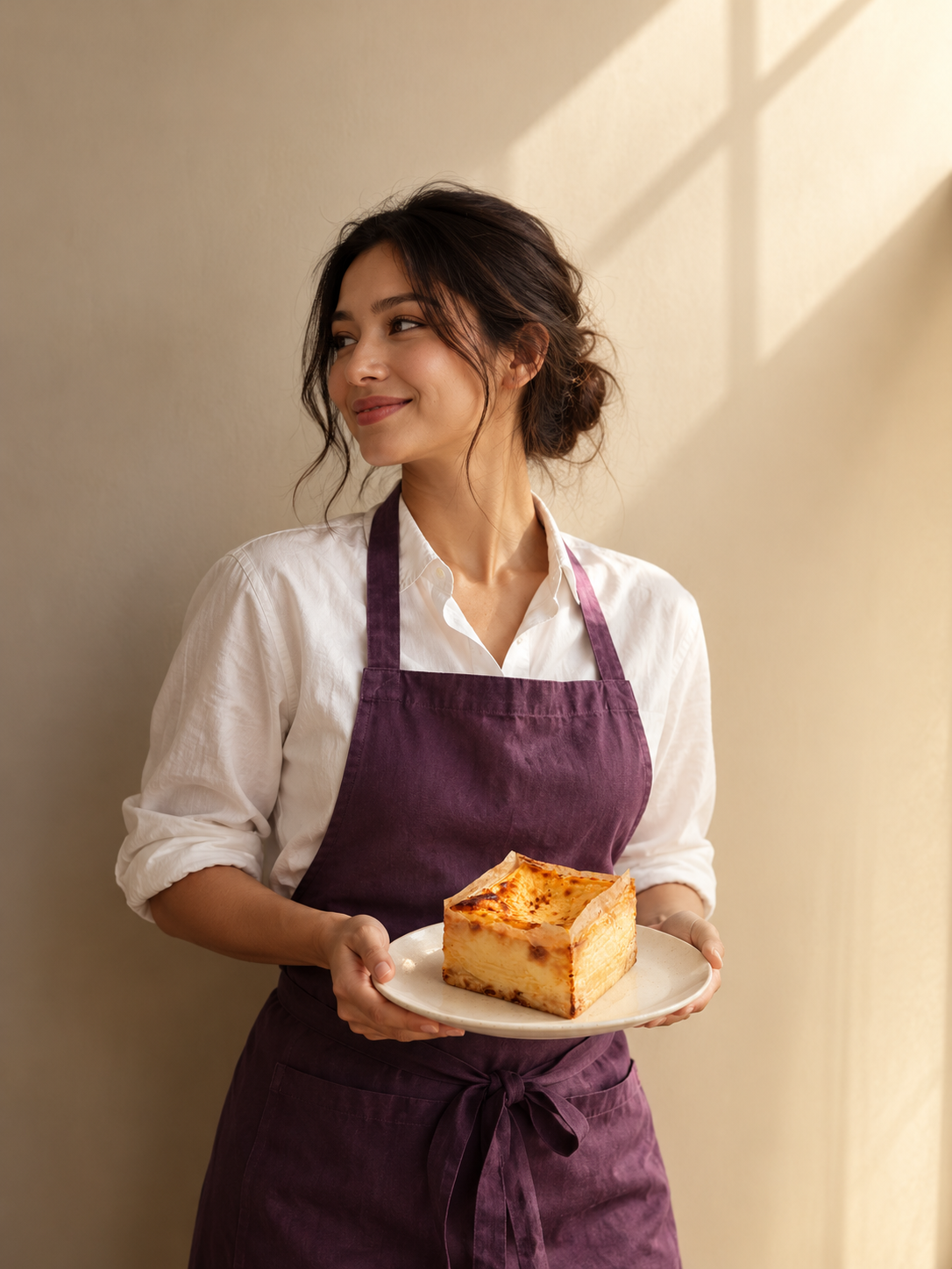 Assia, founder of Basky, holding a freshly baked Basque cheesecake Cube