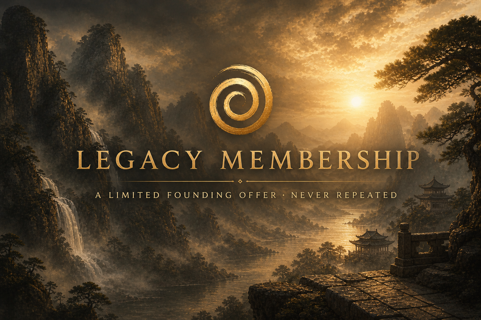 Legacy Membership — mist-laden mountain temple landscape with the Origin Institute spiral mark, waterfall, and rising sun.