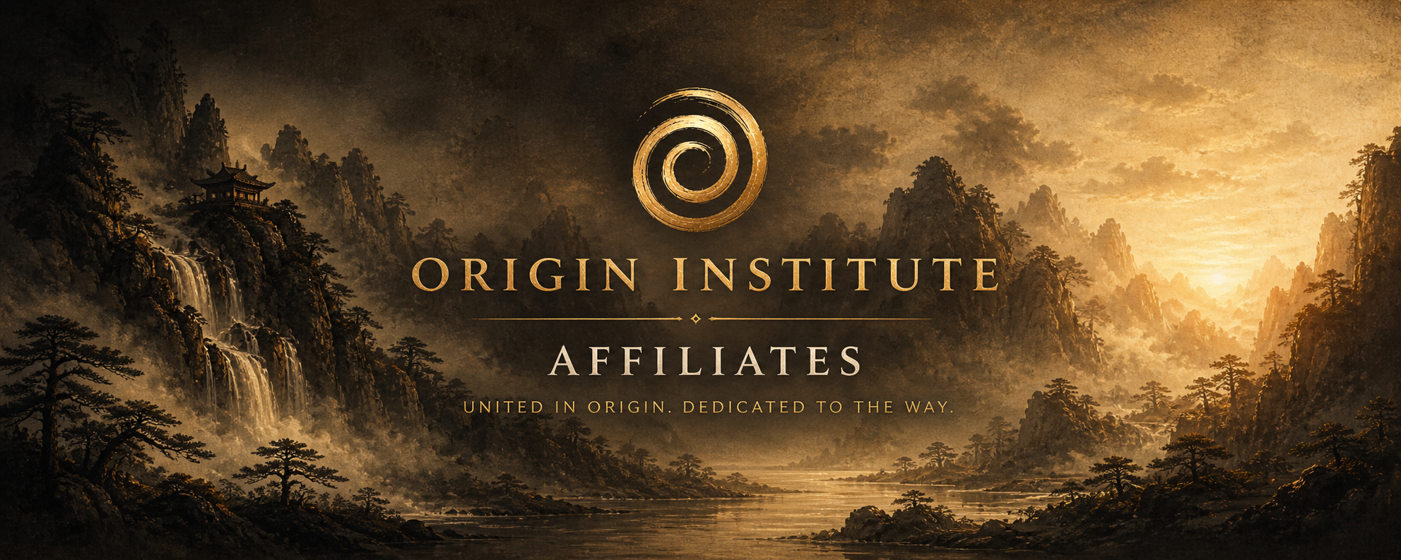 Origin Institute Affiliates — landscape with the Origin Institute mark, mountains, waterfall, and rising sun.