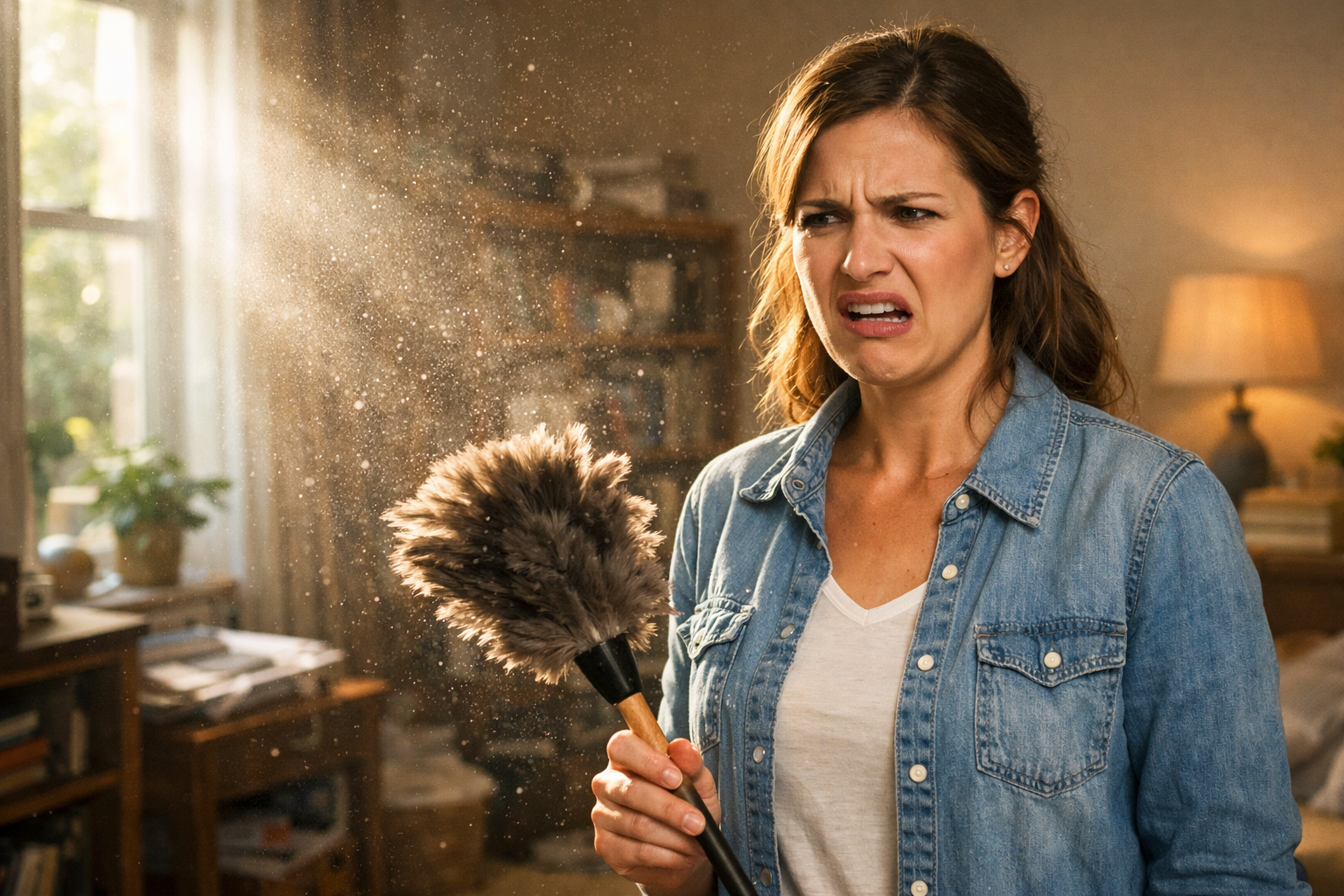 Woman holding a duster looks disgusted as sunlight reveals dust particles floating in a messy room