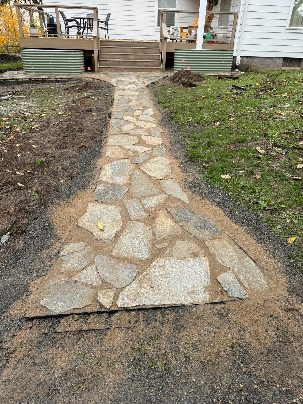 Flagstone garden pathway completed by Metro Mowing Services and Maintenance LLC