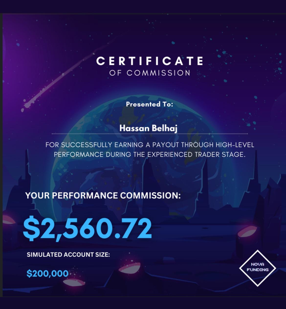 Certificate of Commission — $2,560.72 payout