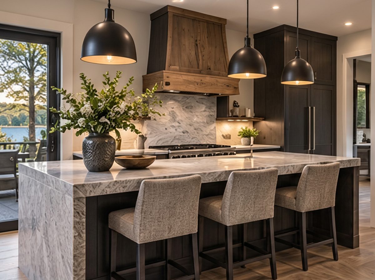 Kitchen with waterfall stone island and wood range hood