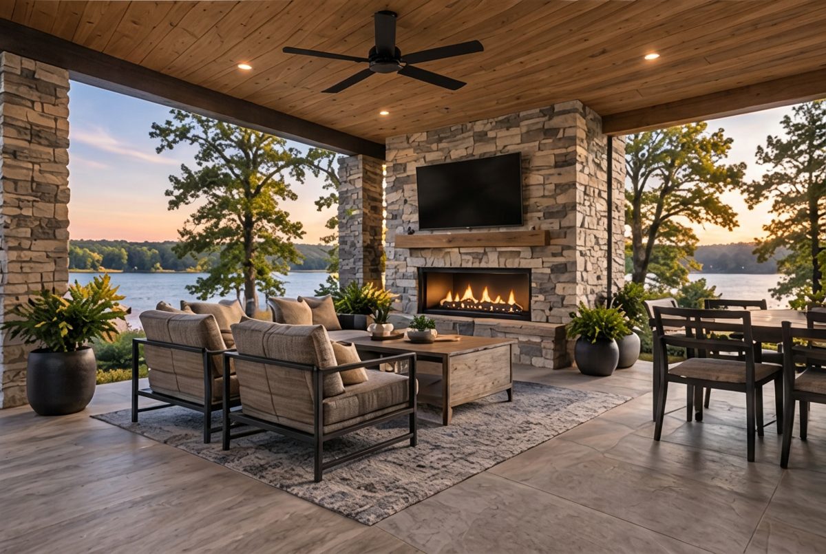 Screened porch with stone fireplace overlooking the lake