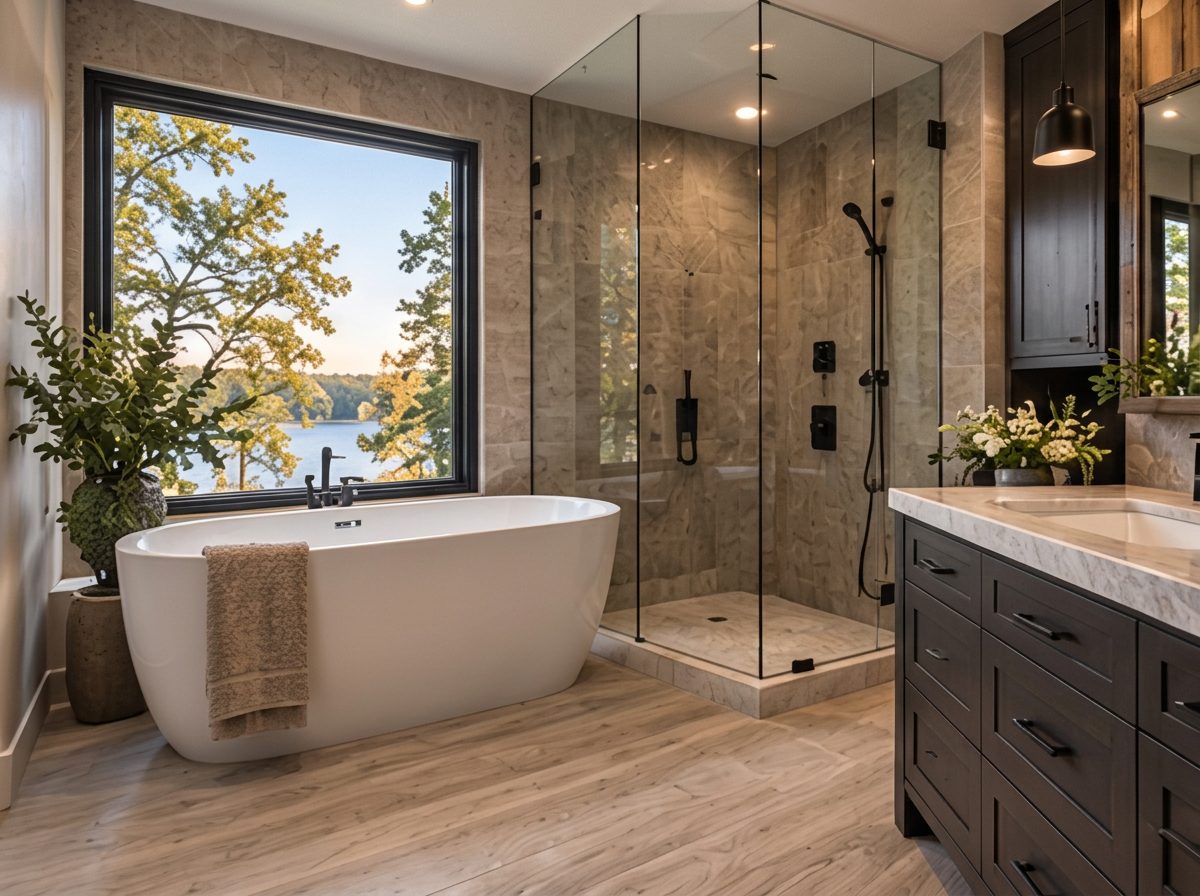 Primary bath with freestanding tub and glass shower