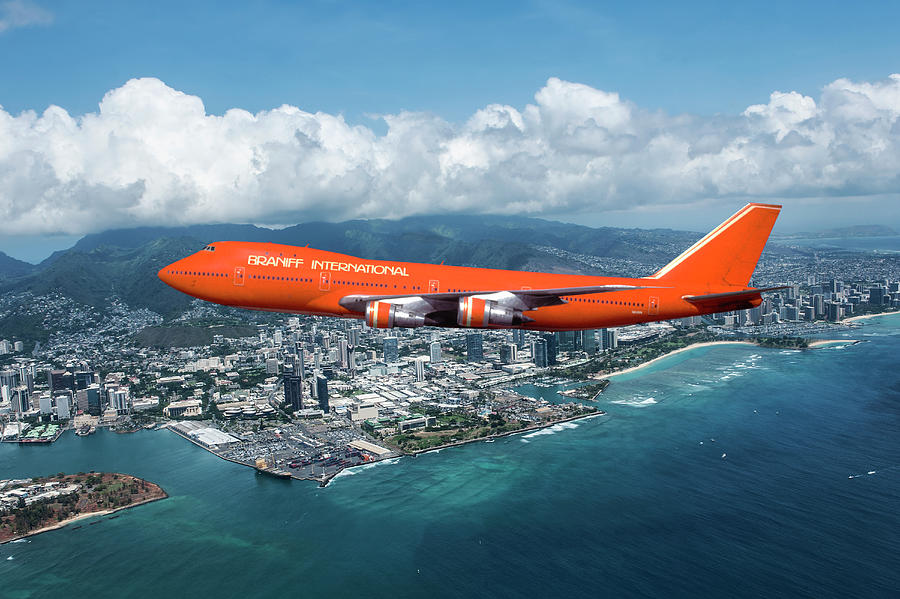 Braniff International Boeing 747 over Honolulu by Erik Simonsen