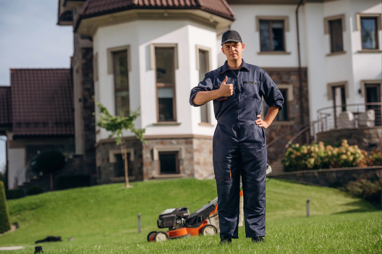 Professional lawn care team servicing a residential property Professional lawn care team servicing a residential property