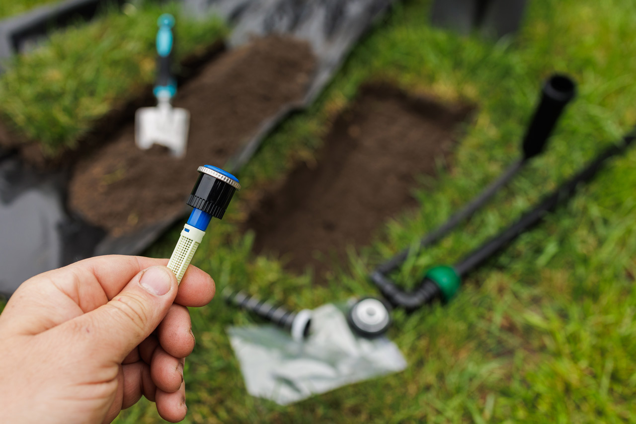 Professional inspecting residential lawn irrigation system Professional inspecting residential lawn irrigation system
