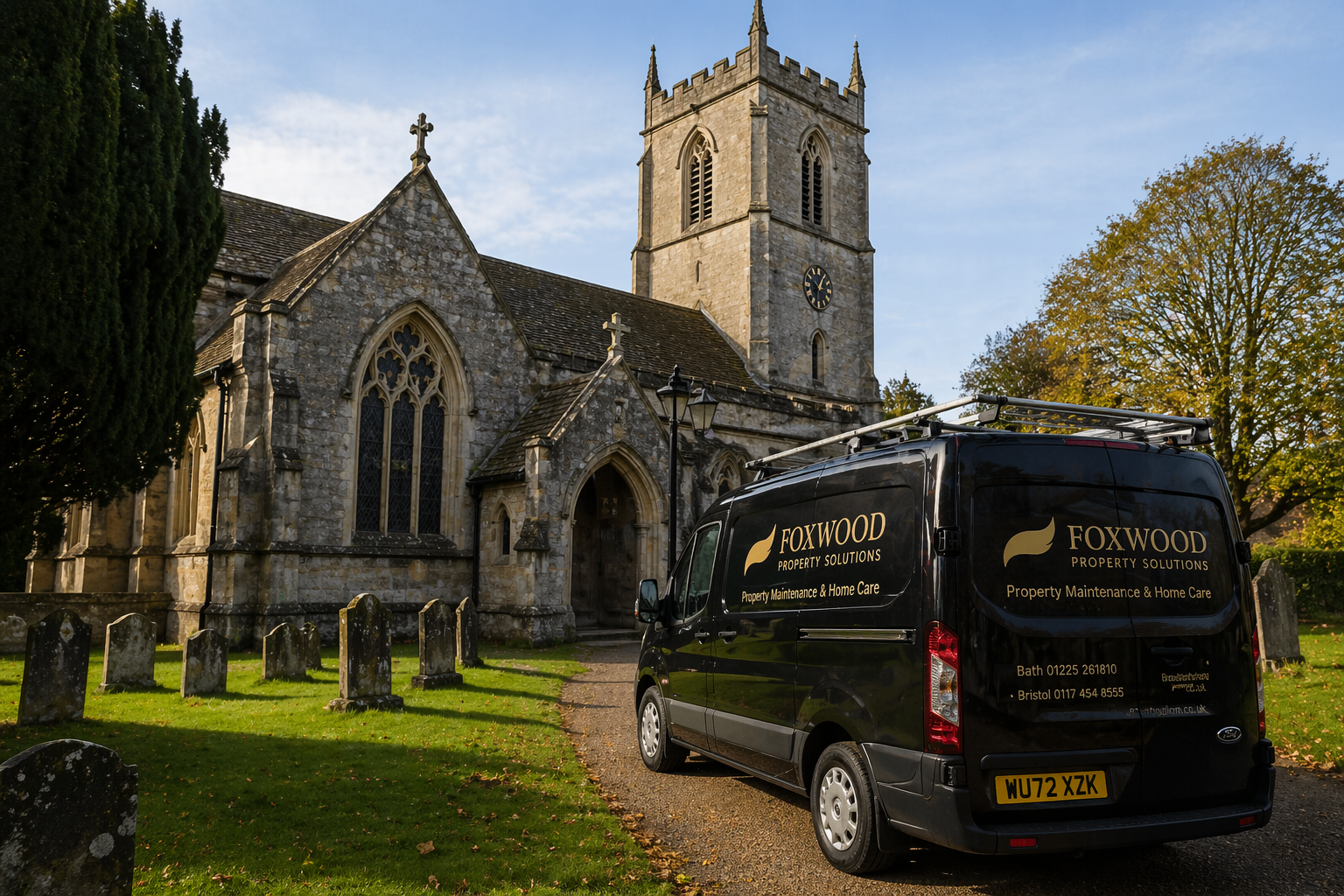 Vicarage property maintenance in Bath and Bristol – stone clergy house with Foxwood service van