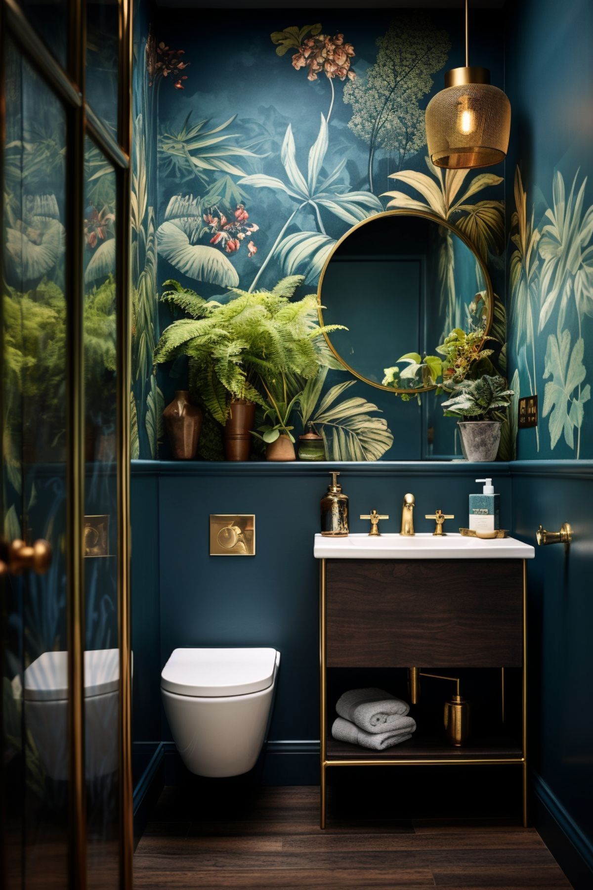 Bold botanical cloakroom with deep blue walls and decorative lighting
