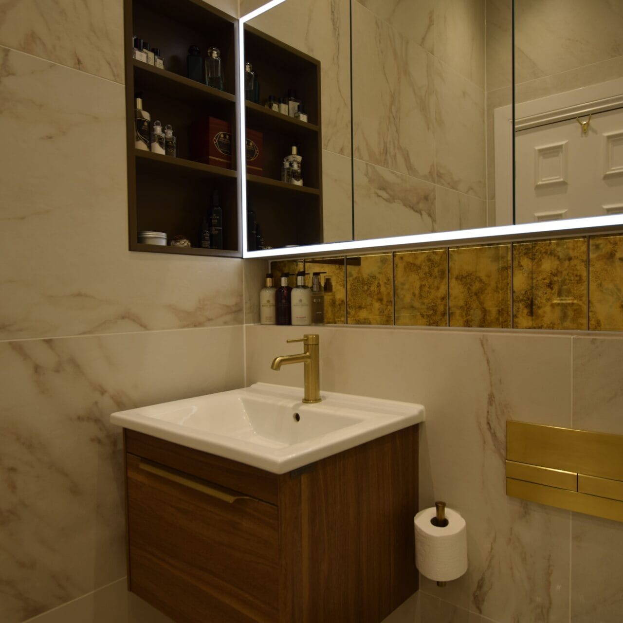 Timber vanity with brushed brass tap