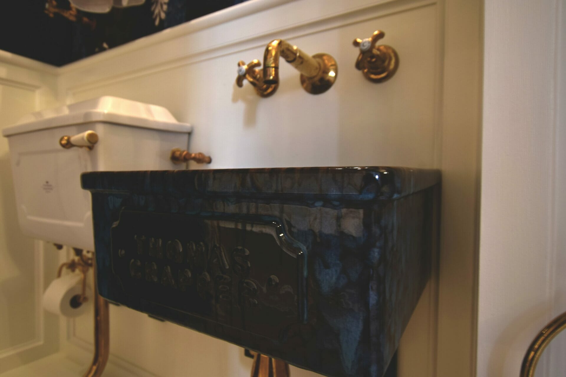 Blue Anthracite cloakroom basin with traditional brass taps