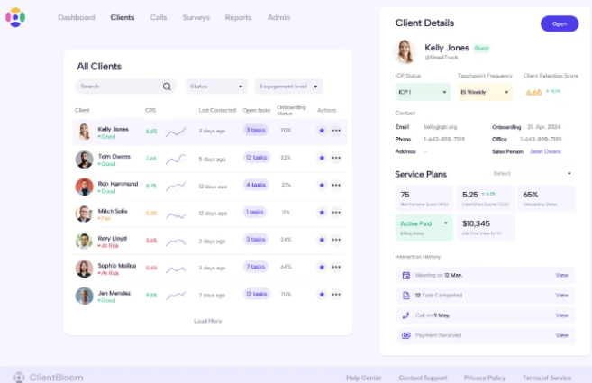 ClientBloom screen: Spot risk at a glance