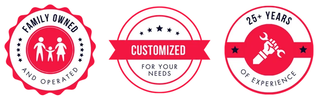 Family-owned, customized, 25+ years of experience badges