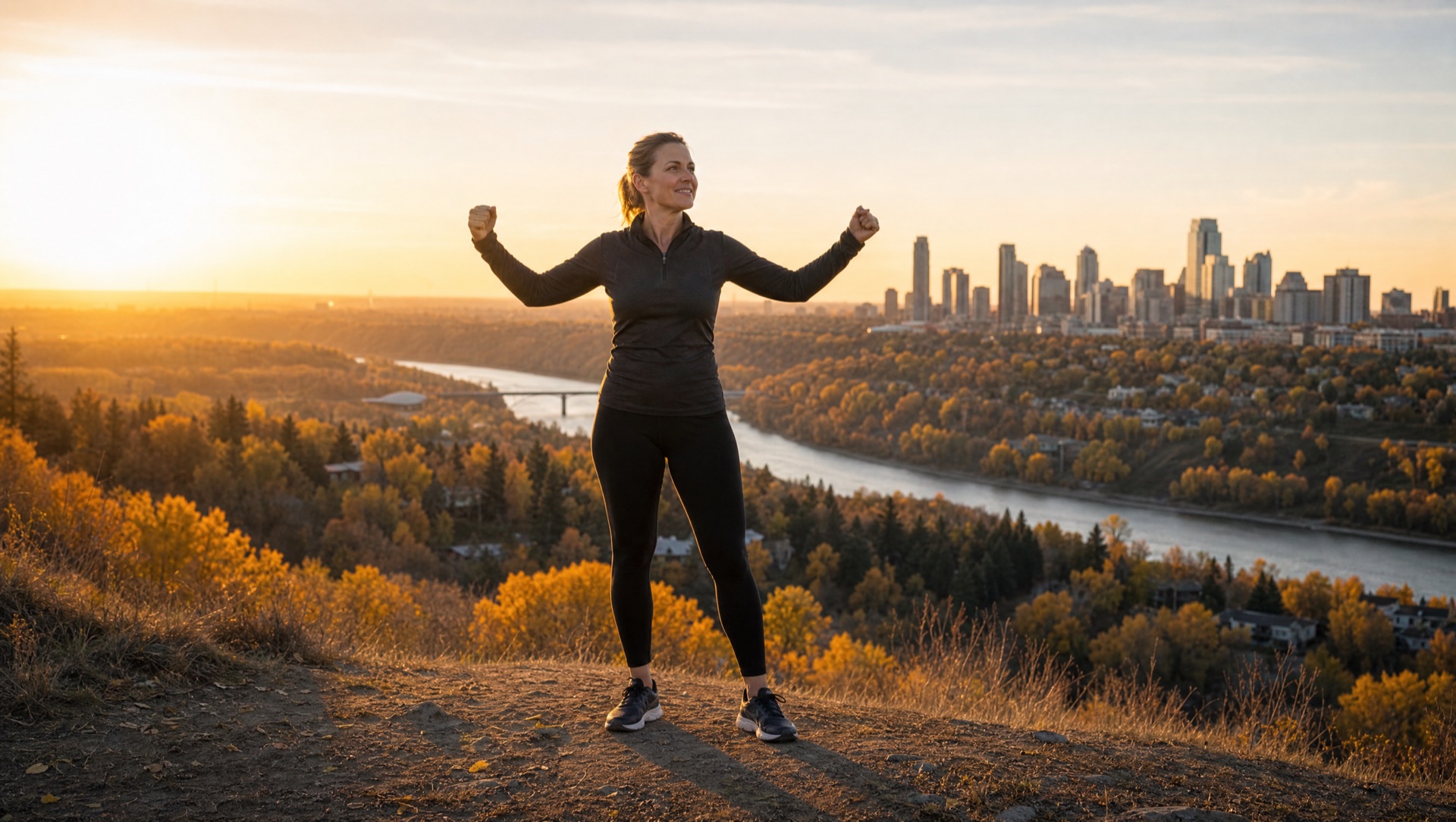 A Thrive patient standing strong at the top of Edmonton's river valley, recovered and reclaimed her strength