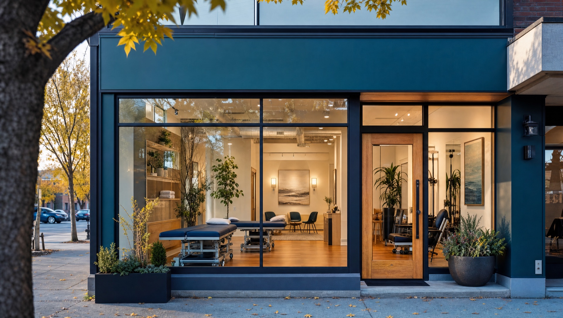 Friendly storefront entrance to a modern Edmonton physiotherapy clinic