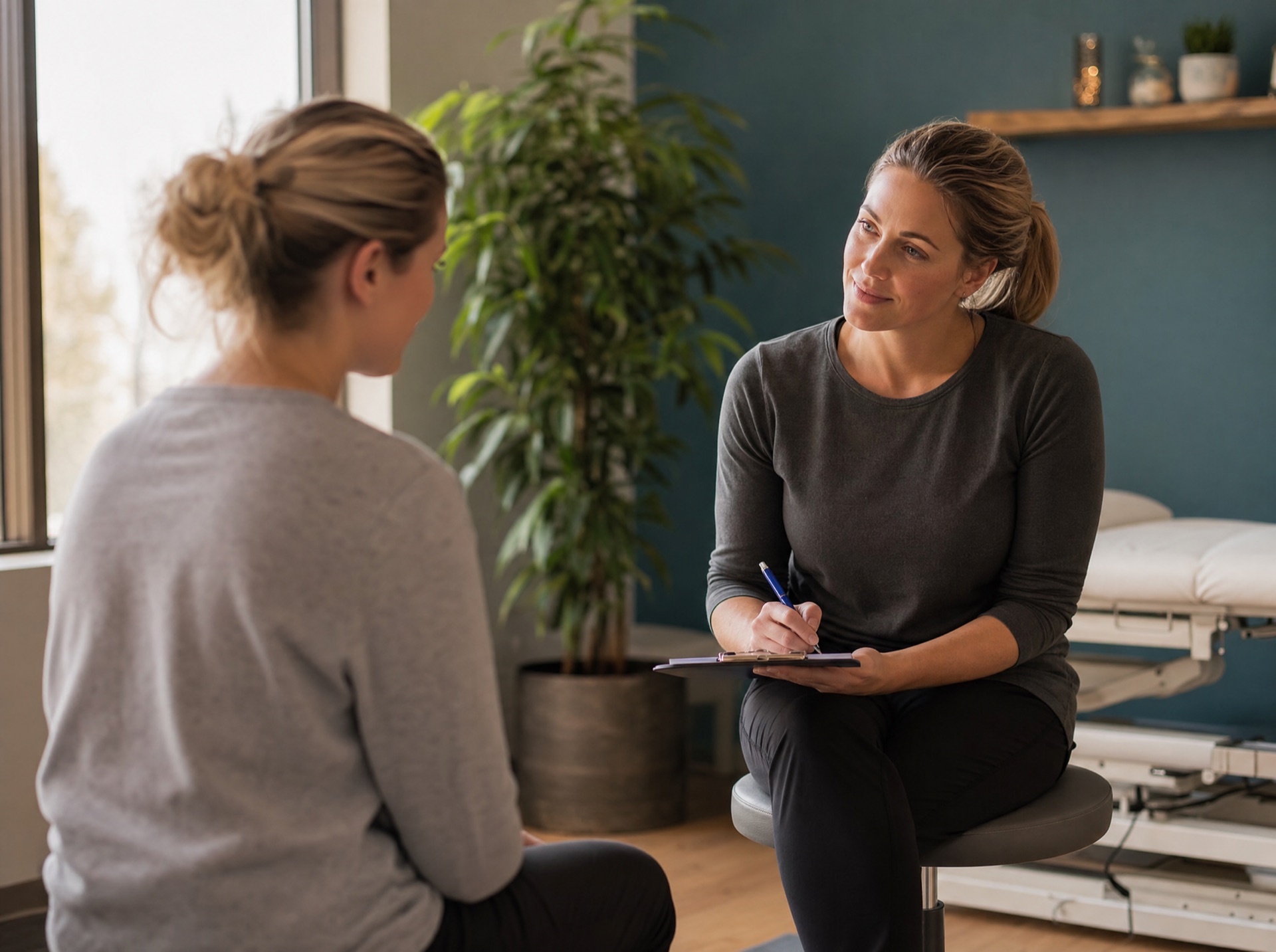 A physiotherapist and patient in unhurried conversation during an initial assessment at Thrive