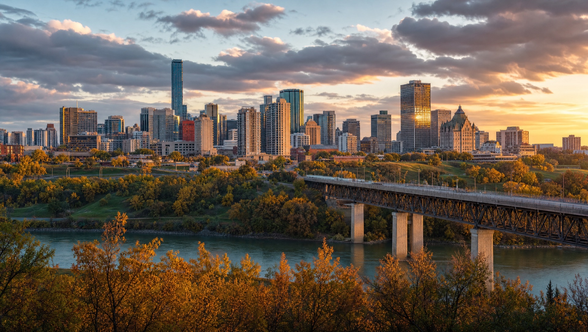 Edmonton downtown skyline and High Level Bridge at golden hour