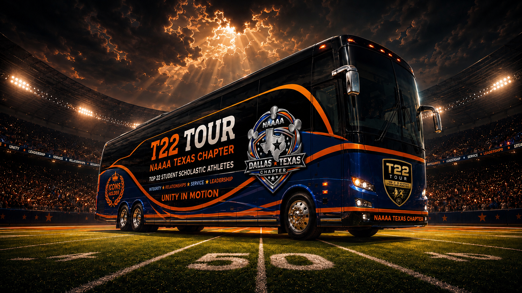 Texas Top 22 NAAAA Texas Chapter tour bus displayed in a football stadium.