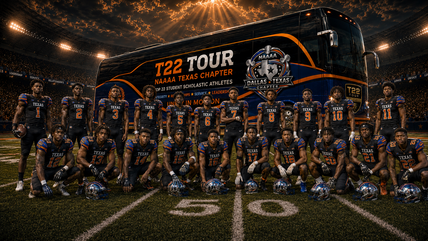 Texas Top 22 student-athletes together in front of the NAAAA Texas Chapter tour bus inside a football stadium
