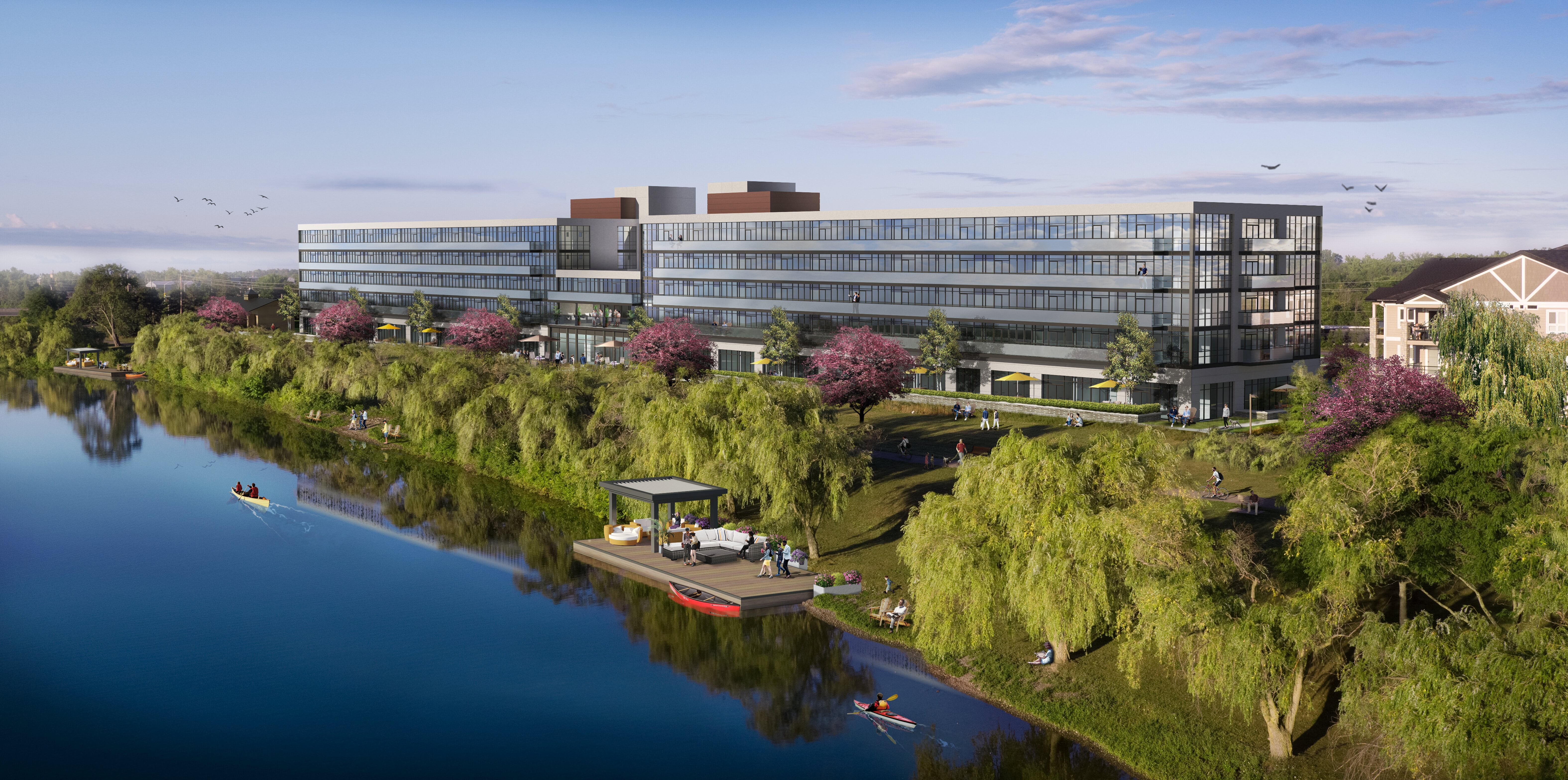 Upper Vista Welland canal-side building view