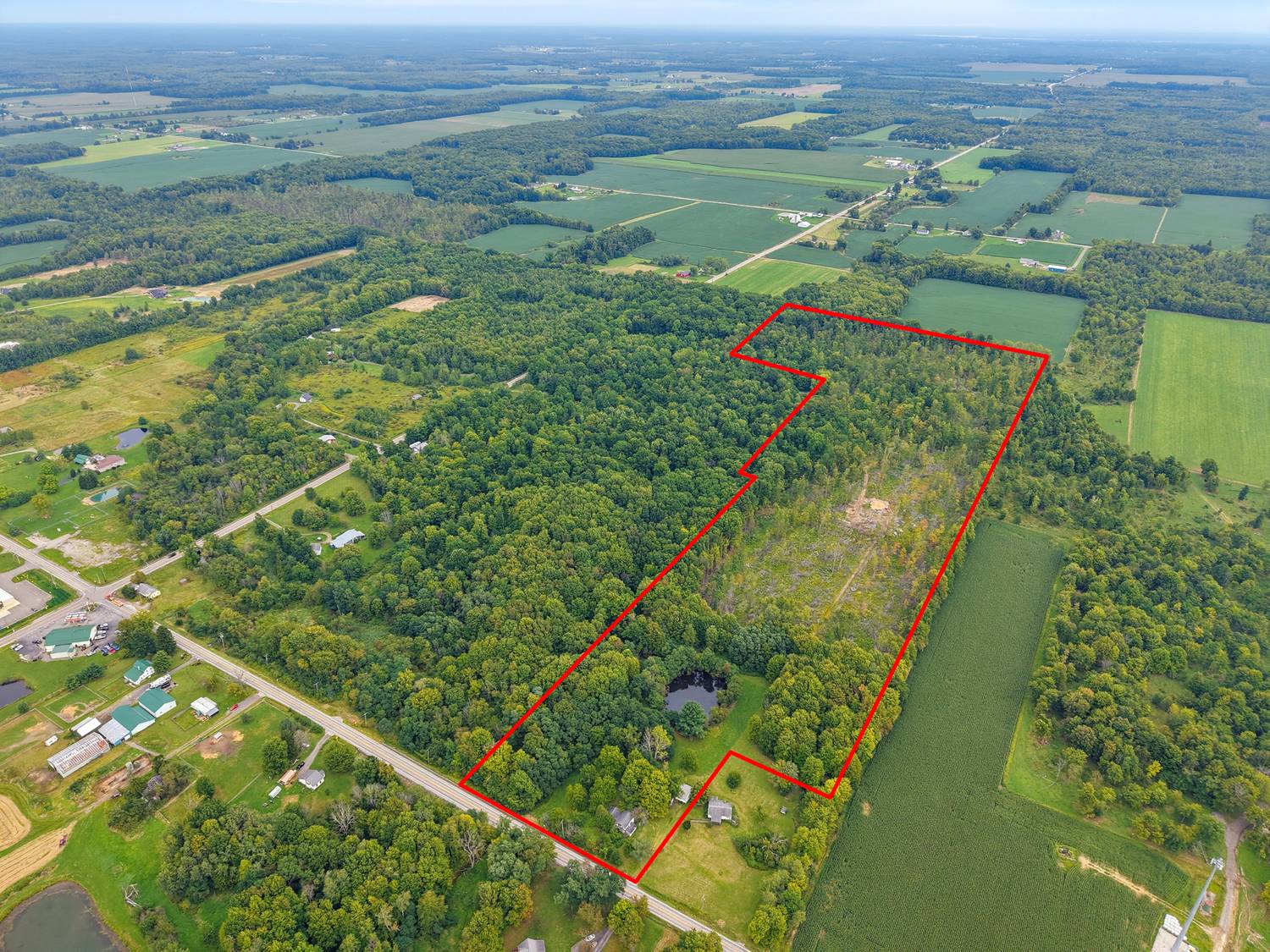 Aerial view of 5484 State Route 46, Rome, Ohio, a 35 acre parcel with pond and outbuildings