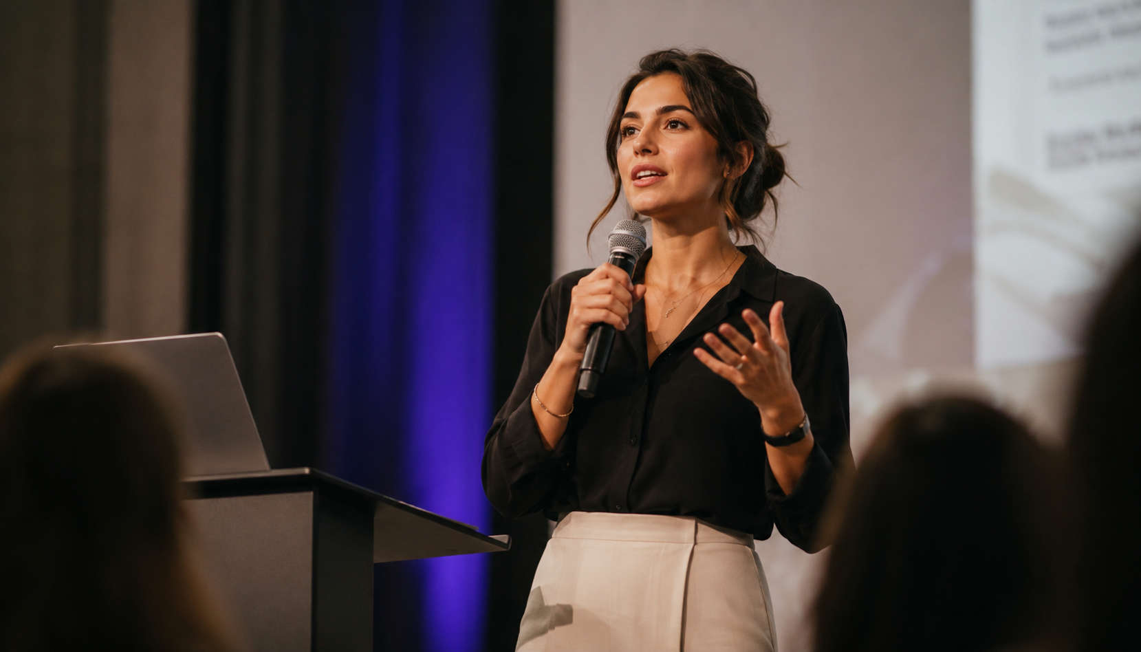 Female founder speaking at a business conference while presenting her expertise to a professional audience. Female founder speaking at a business conference while presenting her expertise to a professional audience.