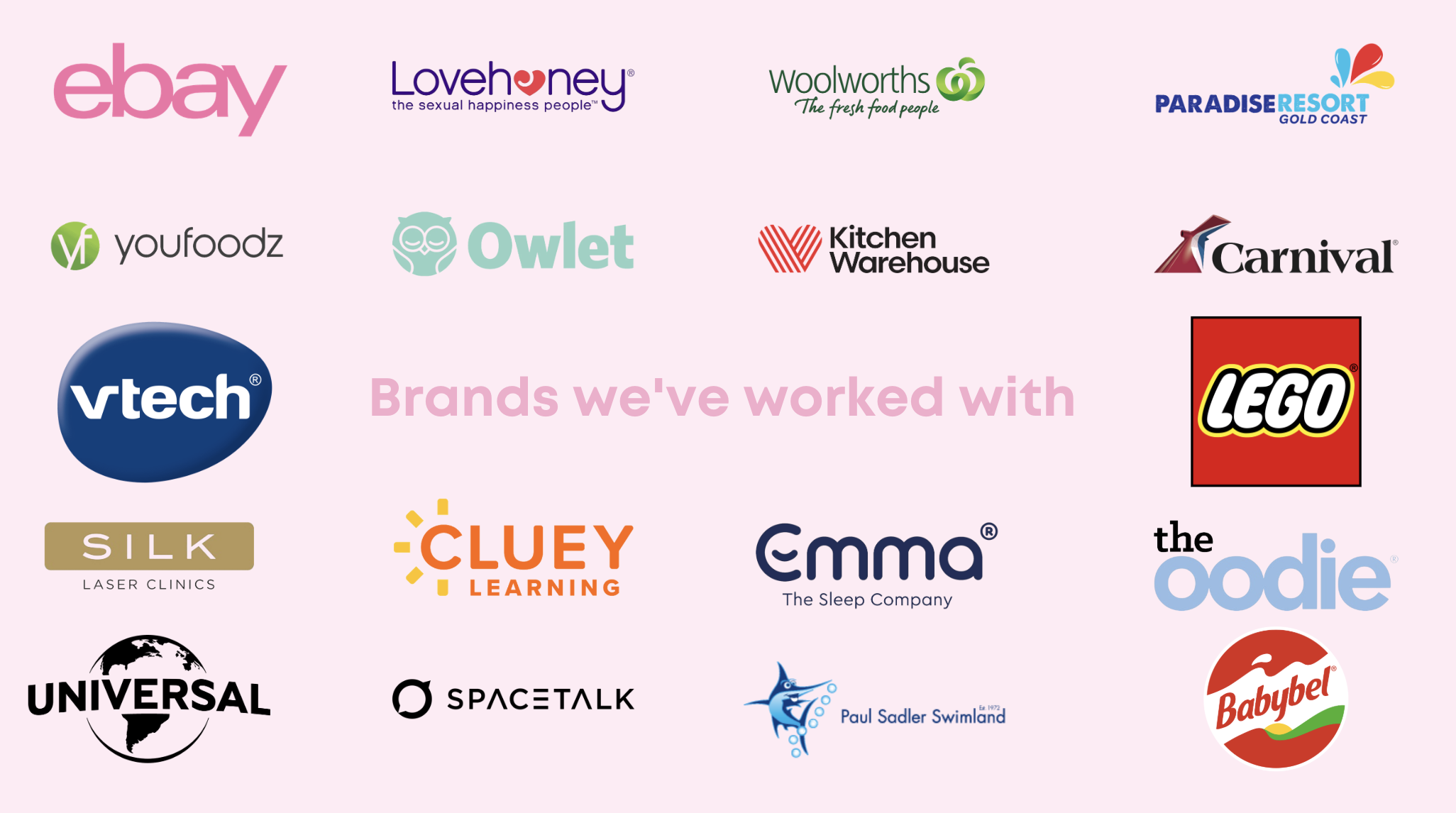 Logos of brands Mums Lounge has partnered with, including eBay, Woolworths, Lego, Carnival, Vtech, Youfoodz, Owlet, Universal, Cluey Learning, The Oodie, Emma The Sleep Company, Babybel and more