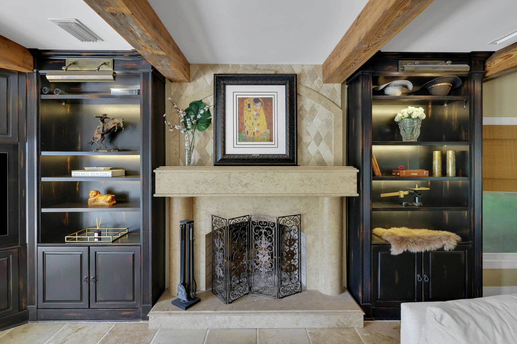 Fireplace with open beams Fireplace with open beams
