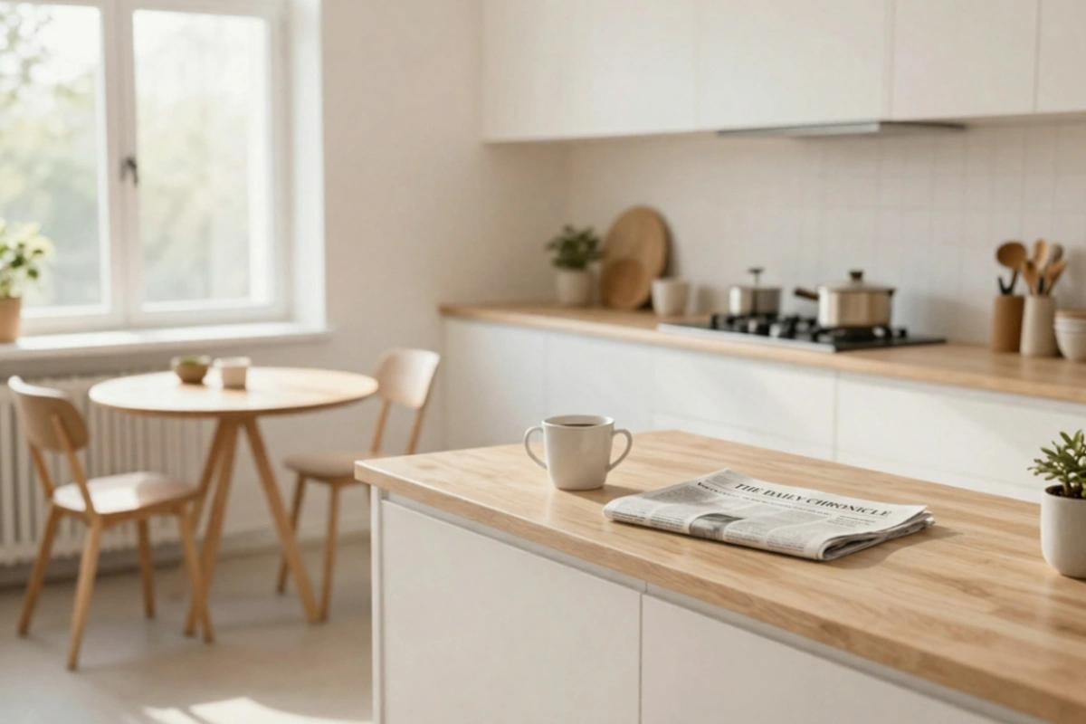 Bright, organized kitchen in a smaller home with a table set for two, showing that downsizing doesn't mean giving up a real kitchen. Bright, organized kitchen in a smaller home with a table set for two, showing that downsizing doesn't mean giving up a real kitchen.
