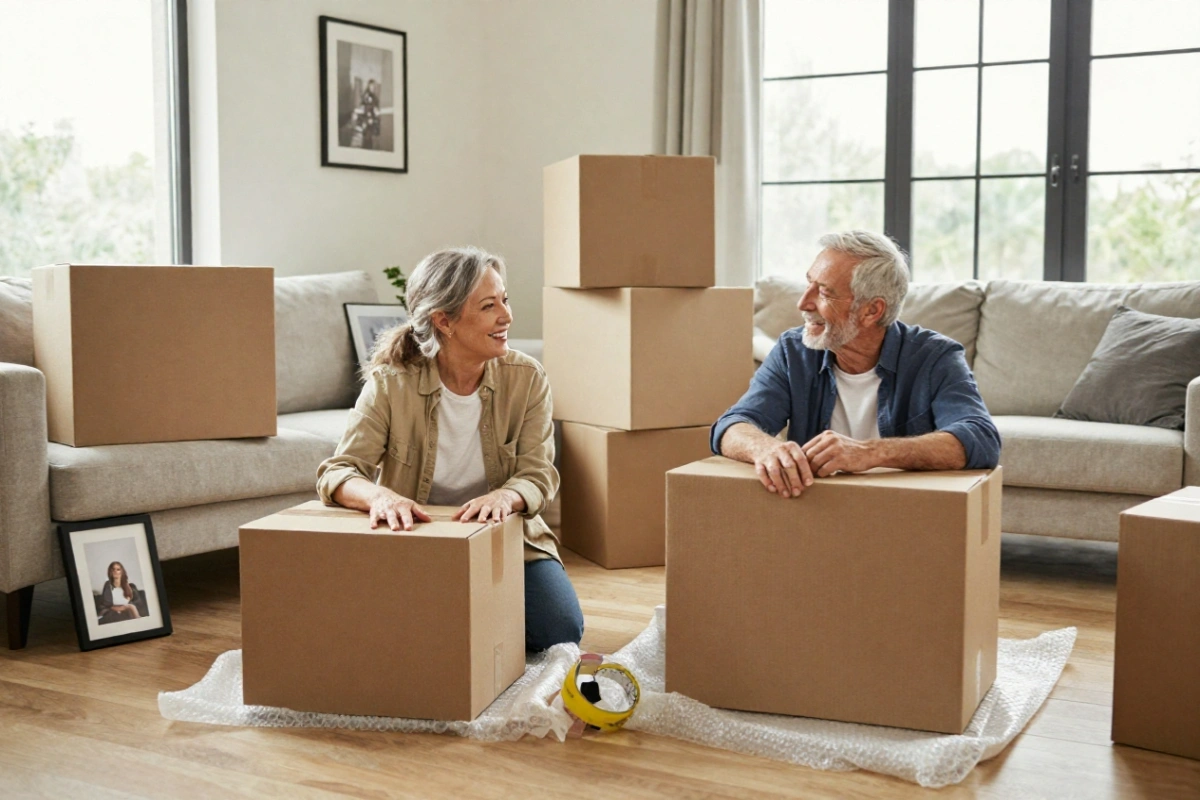 Couple packing to downsize to a new home