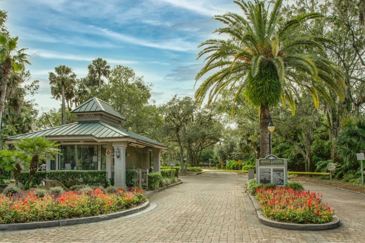 Front entry on Solana Road guard gate at Marsh Landing, Ponte Vedra Beach