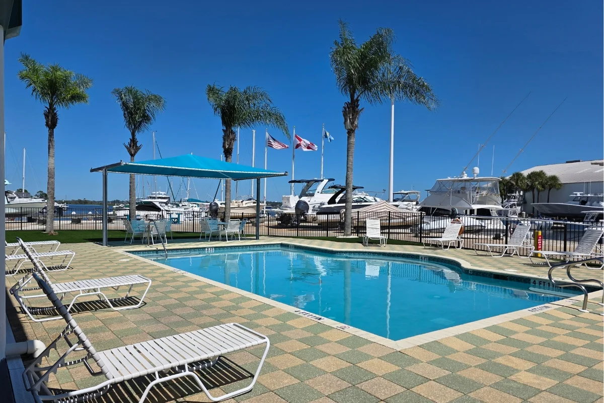 Refreshing member only swimming pool at Palm Cove Marina after a long day on the boat Refreshing member only swimming pool at Palm Cove Marina after a long day on the boat