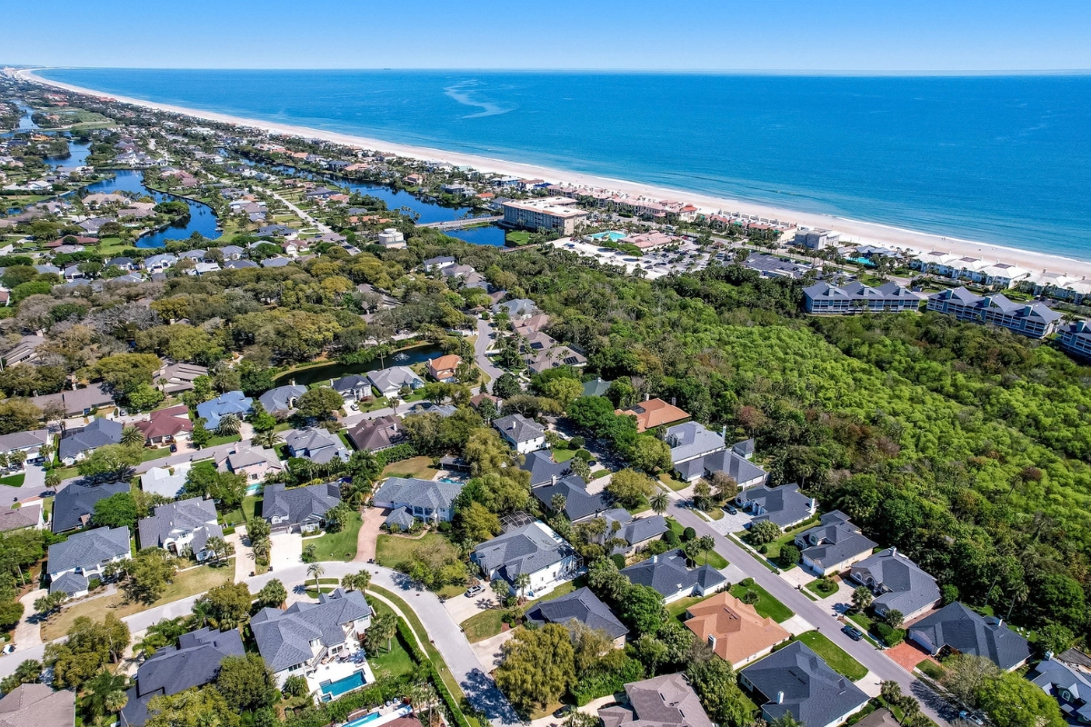 Aerial view over Old Ponte Vedra to the ocean in Ponte Vedra Beach