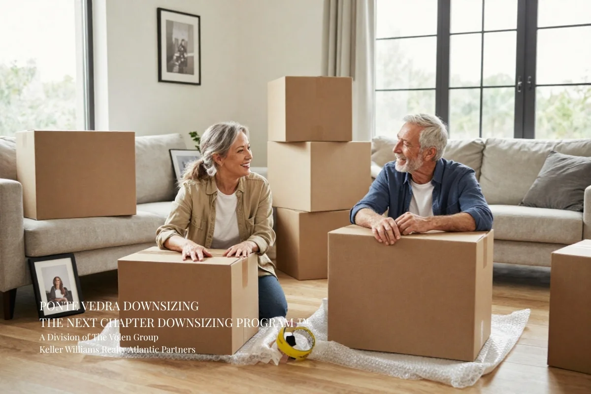 Husband and wife unpacking after they downsized to a smaller home