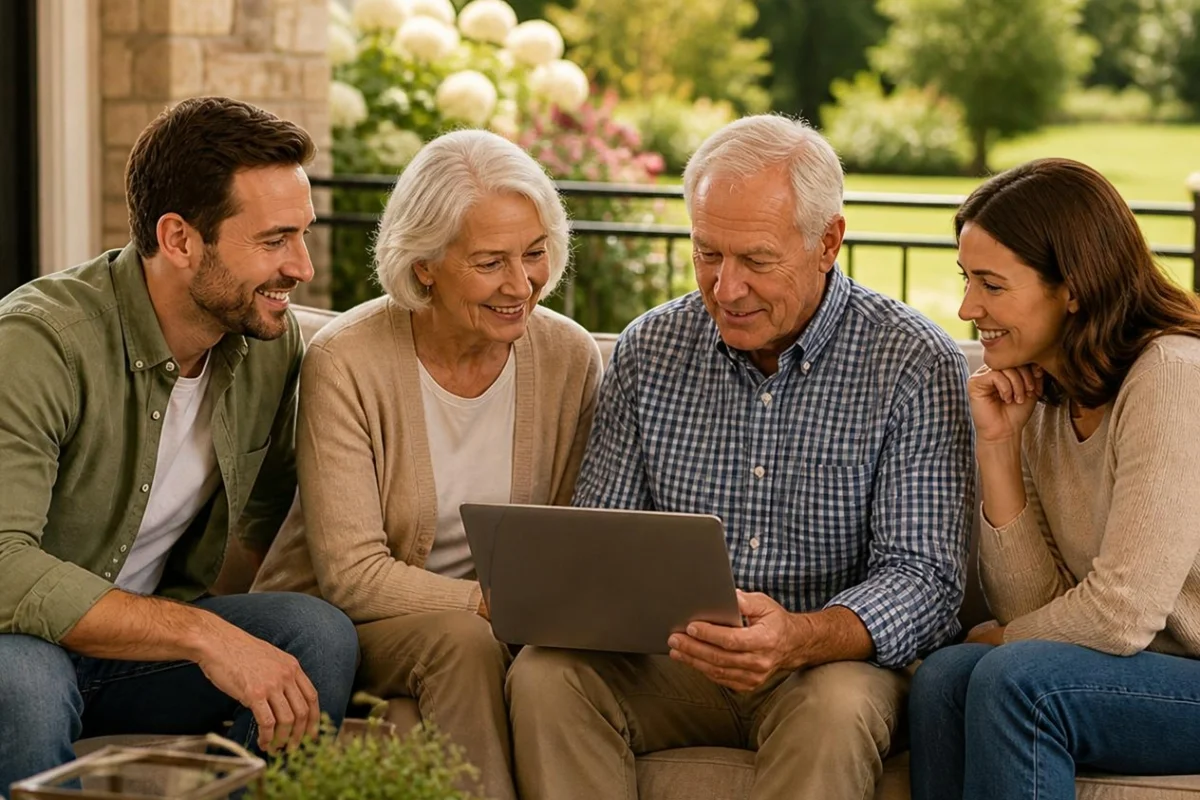 Family gathered on the patio looking at a laptop and talking about downsizing Family gathered on the patio looking at a laptop and talking about downsizing
