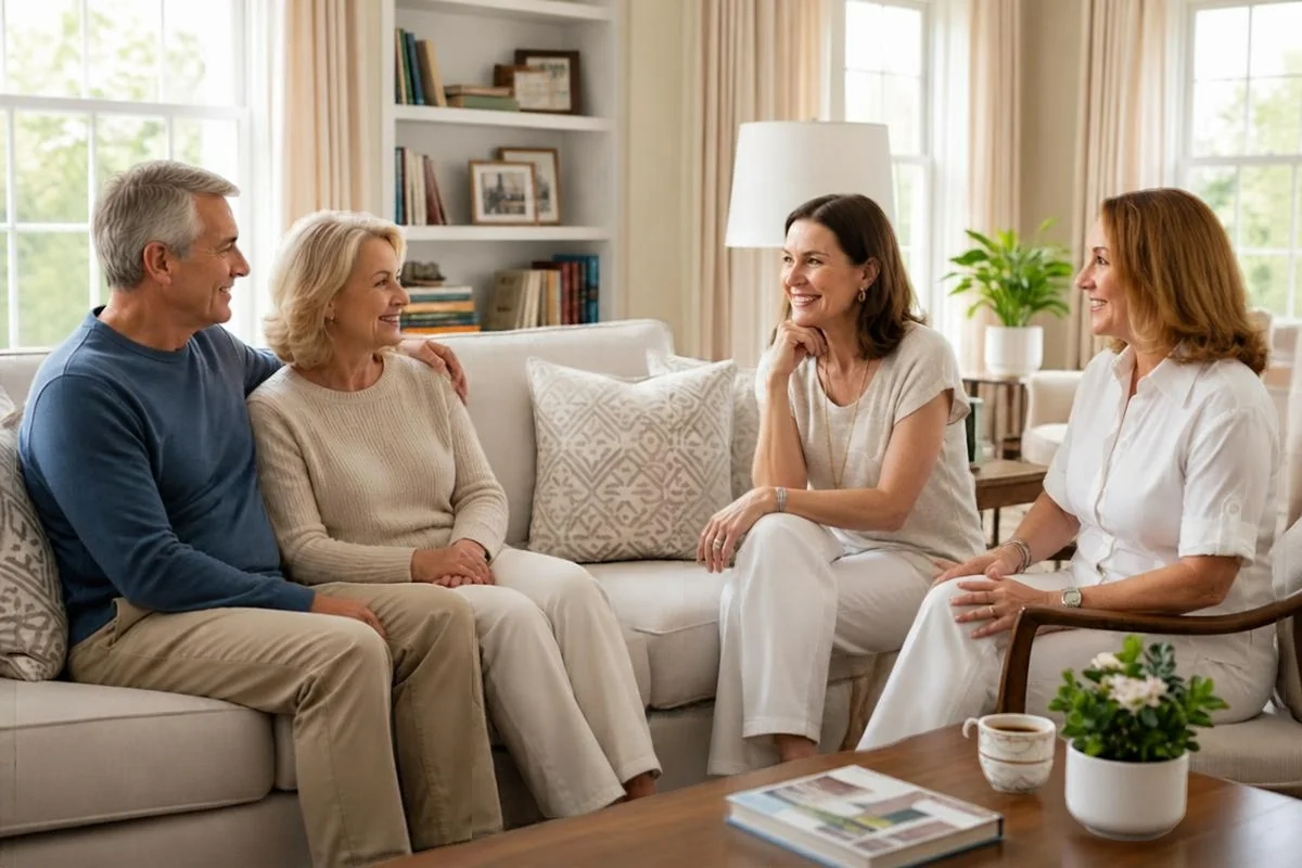 Husband and wife thinking about downsizing and discussing with downsizing agents from The Volen Group Husband and wife thinking about downsizing and discussing with downsizing agents from The Volen Group